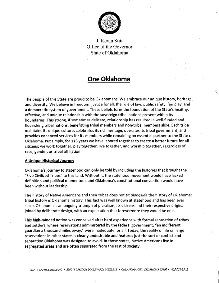 Read more about the article ONE OKLAHOMA: Governor Stitt’s leaked memo to Congress